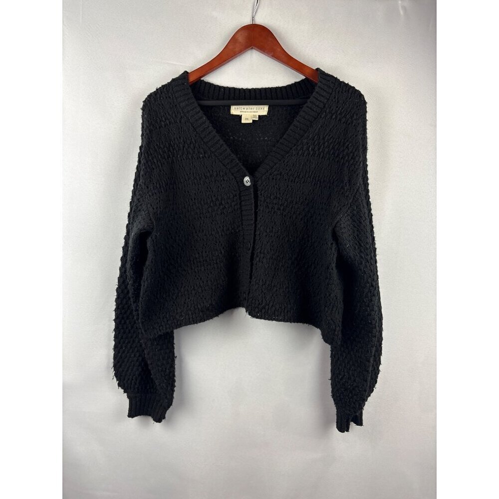 Saltwater Luxe Black Textured Knit Cardigan Sweater Size M Acrylic & Nylon